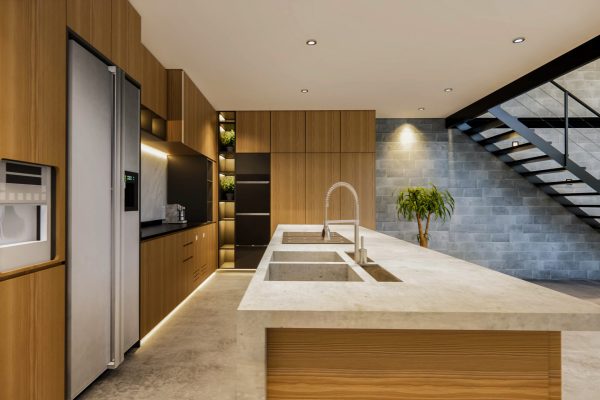 3d rendering. Interior house modern open living space with kitchen.Loft style Duplex apartment residence.Home decoration luxury  interior design.